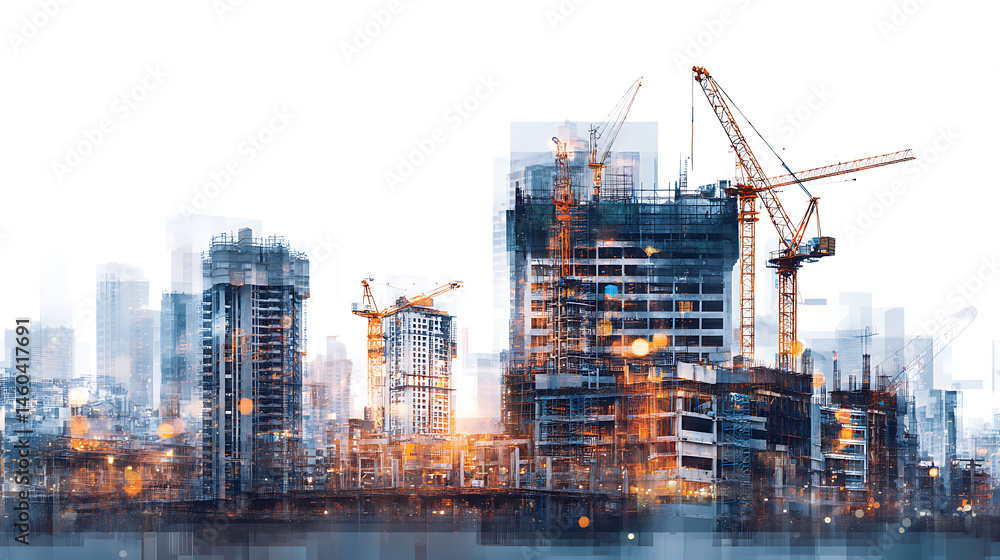 Aufkleber multi exposure of industrial and building constuction city infrastructure background modern building