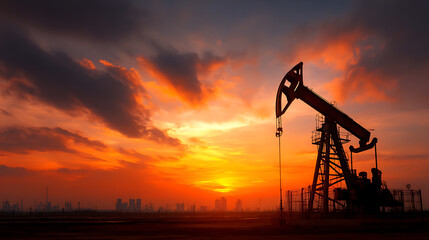 Oil pump oil rig energy industrial machine for petroleum in the sunset background
