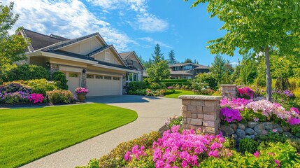 Obraz premium Suburban home with manicured lawn and colorful landscaping. Driveway leads to a garage beneath a sunny sky