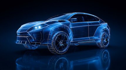 Fototapeta premium Modern suv car wireframe concept in ar, augmented reality wireframe of car concept with blue background