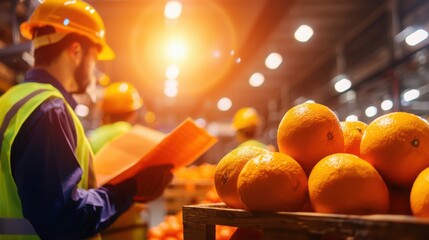 Food safety audit team evaluating fresh produce quality in warehouse indoor environment professional perspective safety standards