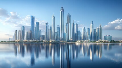 Fototapeta premium Panoramic city skyline with reflective glass buildings, capturing the interplay of sunlight and urban sophistication. 