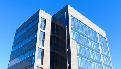Obraz premium Modern office building, graphite facade, aluminum cladding, large windows, blue sky, abstract, contemporary