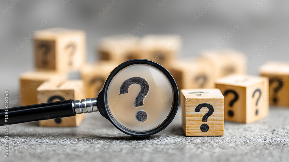 Poster Identifying and understanding issues through root cause analysis using a magnifying glass on wooden cubes with question marks on a grey background