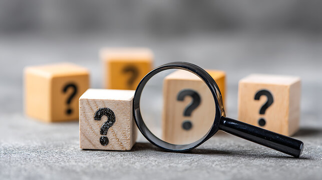 Identifying and understanding issues through root cause analysis using a magnifying glass on wooden cubes with question marks on a grey background