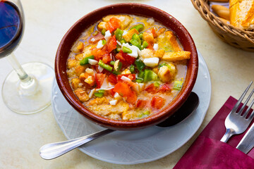 Portion of cojondongo, typical summer dish from Extremadura, Spain.
