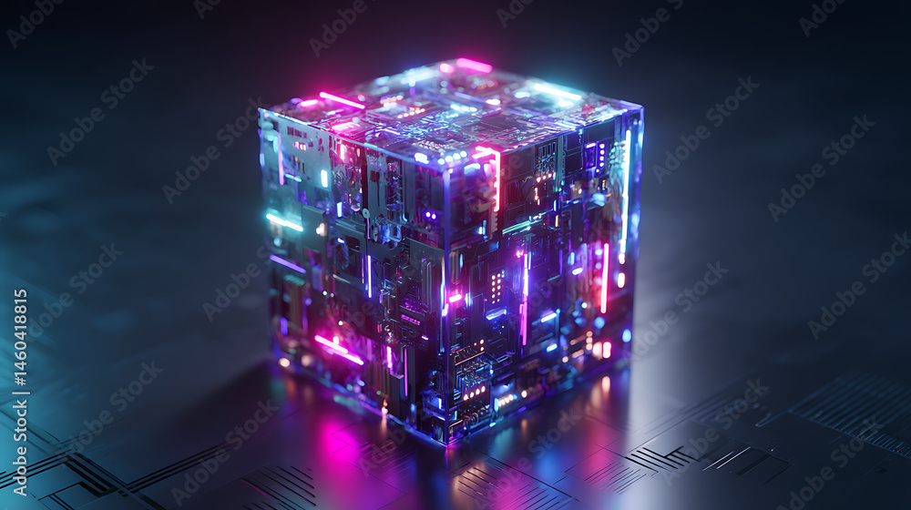 Poster futuristic digital cube with neon lights and circuitry