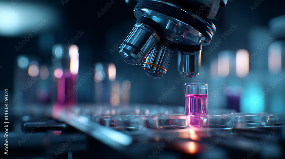 Poster Exploring the depths of science, microscope and test tubes in a laboratory research and development concept