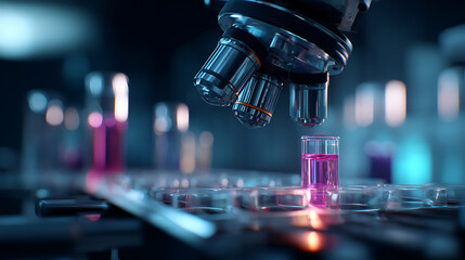 Exploring the depths of science, microscope and test tubes in a laboratory research and development concept