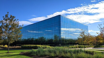Reflective glass office building framed by greenery, sunlight casting dynamic reflections, set against a brilliant blue sky. 