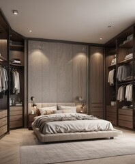 Spacious contemporary bedroom suite, stylish closet, elegant furnishings , stylish decor, decor, modern design