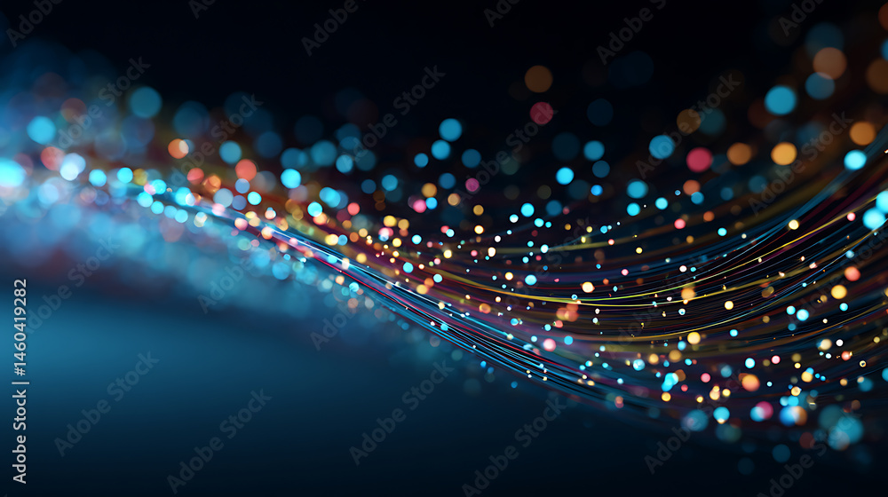 Aufkleber Digital technology abstract concept small particles connected in multicolored lines with a perspective view on dark blue background, transmission of data in a fast internet network connection