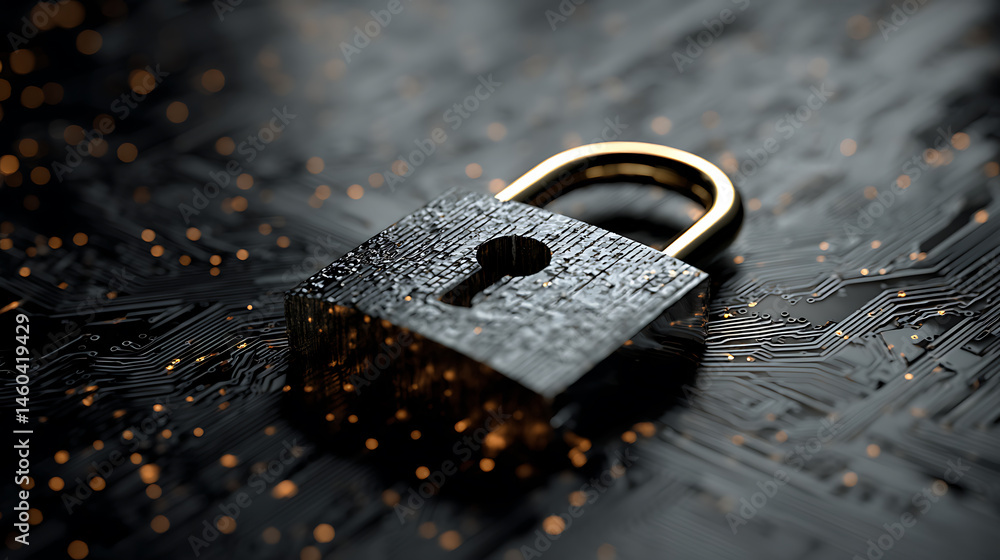Poster Cyber security concept and internet privacy data protection modern showing padlock protecting business and financial data to protect personal information on digital devices, data governance