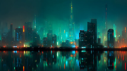 Cyberpunk city skyline with green and blue neon light