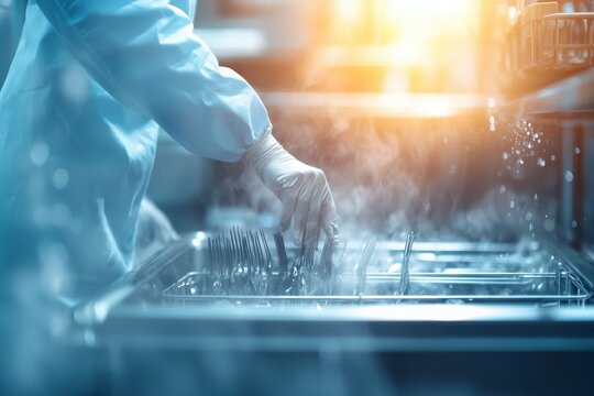 Industrial worker sanitizing utensils in commercial kitchen steam-filled environment close-up view hygiene focus