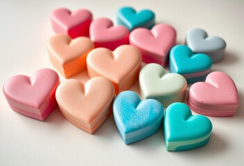 Fototapeta premium Pastel heart soaps, neatly arranged on smooth surface, pretty, gift soap