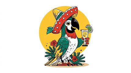 Colorful cartoon parrot wearing sombrero and holding cocktail.