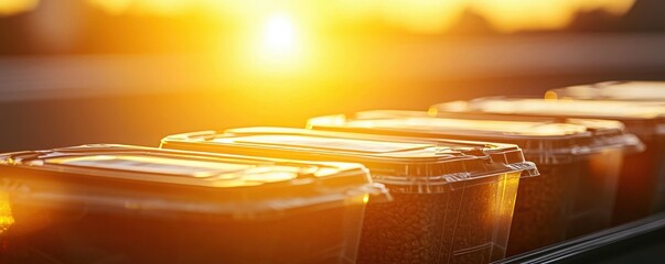 Closeup of food packaging with safety certification outdoor setting product photography sunset backdrop detailed view quality assurance concept