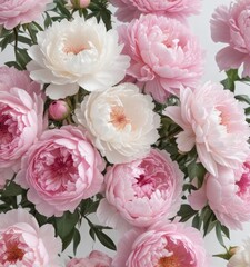 Delicate pink peonies and roses, fresh bouquet  White background , spring, pink roses