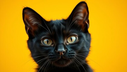 Obraz premium Mischievous black cat's head peeking from behind a vibrant yellow backdrop, image, halloween