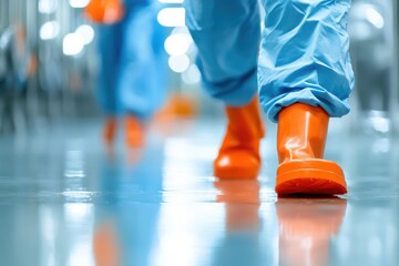 Workers practicing proper sanitizing techniques in a cleanroom setting industrial environment close-up viewpoint for safety and hygiene