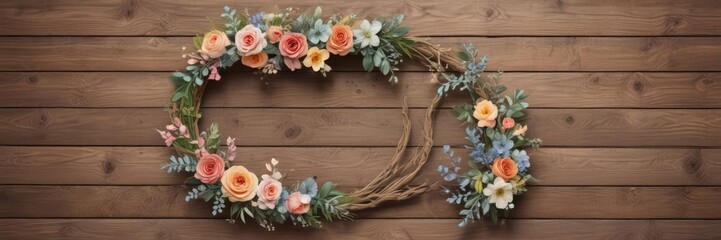 Delicate watercolor floral wreath, rustic wood backdrop  ,  calm,  elegant,  bloom