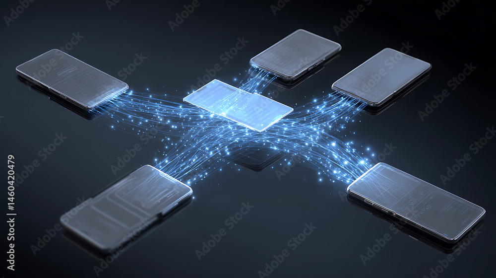 Poster Seamless data transfer between mobile devices, concept of sharing information securely between devices using modern technology
