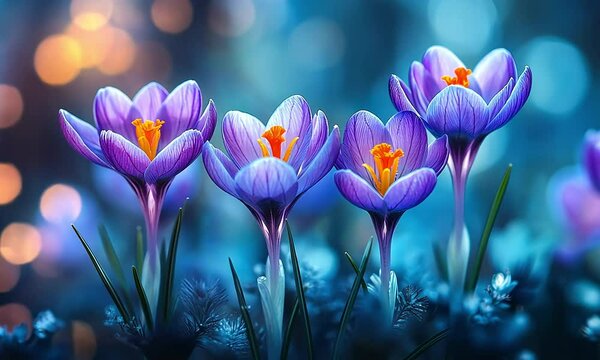 Four vibrant purple crocuses in soft focus, bathed in a magical, ethereal light, with bokeh background