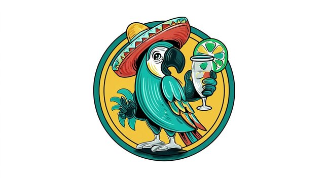 Colorful parrot wearing sombrero and holding a cocktail drink.
