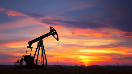 Pumpjack in an oil field during sunset