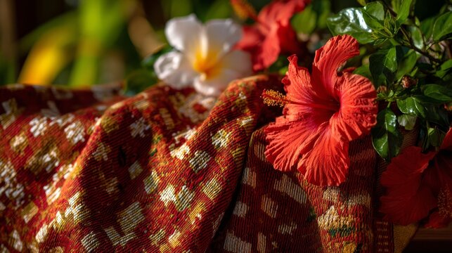Handwoven lamba with vanilla pods and hibiscus, celebrating Madagascar's vibrant culture and natural bounty.
