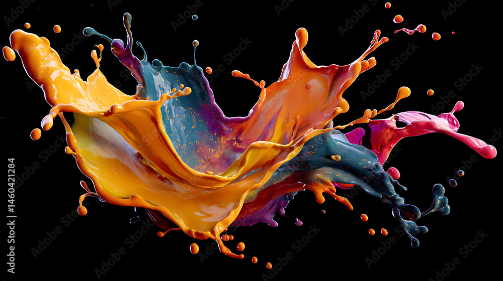 Leinwandbilder Mix color liquid splashes, swirl and waves with scatter drops, paint, oil or ink splashing dynamic motion, design elements for advertising isolated on black background, 3d render