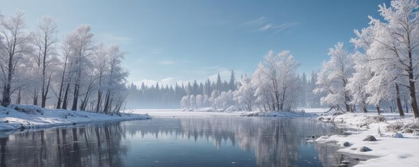 Frozen lake, snow-covered trees against a clear sky,  light,  reflection,  wilderness