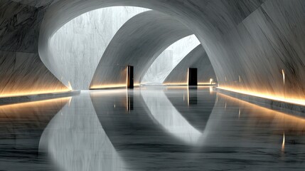 Modern Architectural Interior with Curved Walls and Reflective Floor