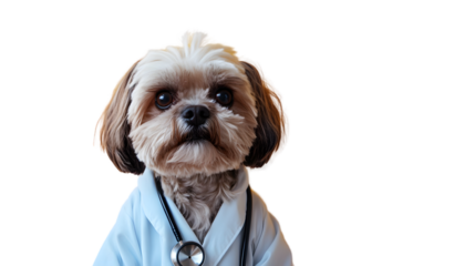Adorable Small Dog Dressed as Veterinarian with Stethoscope and Robe