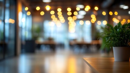 Softly blurred open office layout, warm light bokeh adding depth and creating a calm, abstract professional atmosphere.  