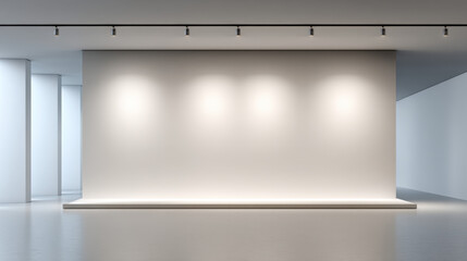 Front view of a white wall in a modern art gallery with lights, mockup