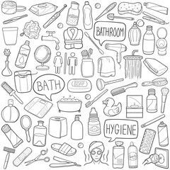 Bath Doodle Icons Black and White Line Art. Bathroom Clipart Hand Drawn Symbol Design.
