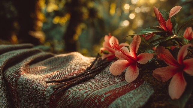 Handwoven lamba with vanilla pods and hibiscus, celebrating Madagascar's vibrant culture and natural bounty.
