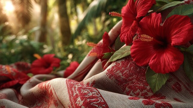 Handwoven lamba with vanilla pods and hibiscus, celebrating Madagascar's vibrant culture and natural bounty.
