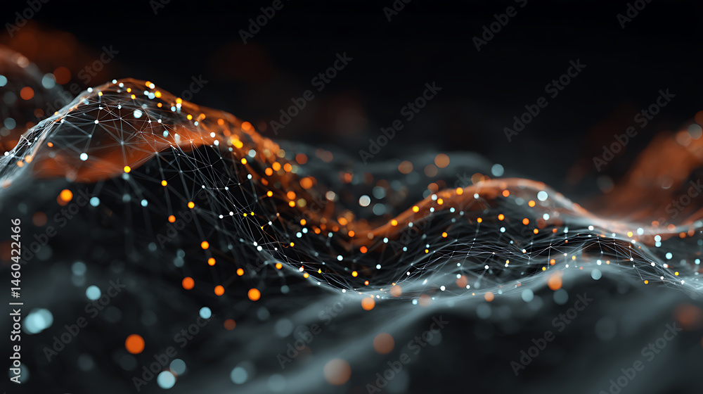 Poster Dynamic wave with connected dots and lines, digital wave background concept, abstract technology background, big data visualization, 3d rendering