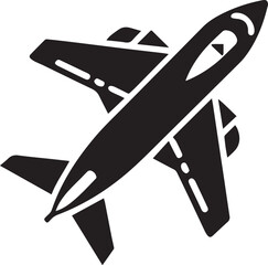 airplane silhouette, black and white, simple icon, minimalist design, top-down view, commercial jet, aviation symbol, flat graphic, clean lines, sharp contrast, vector style, travel emblem, flight rep