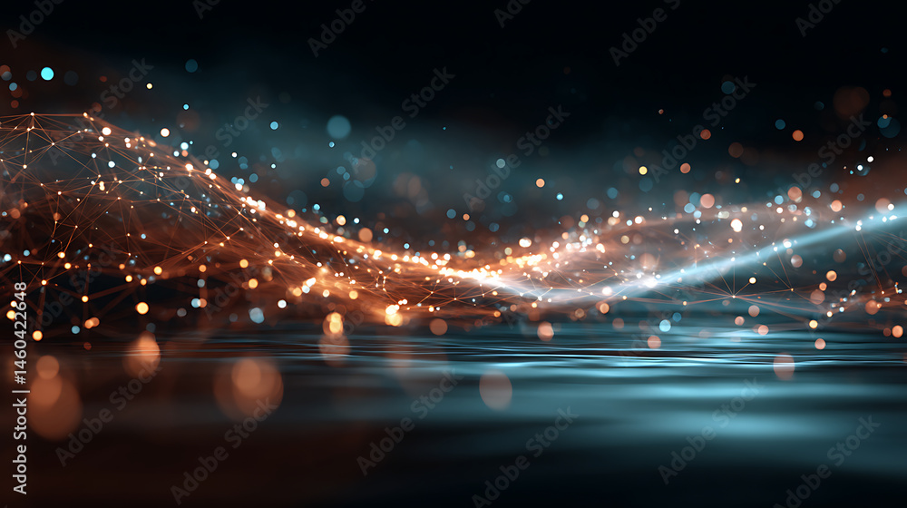 Aufkleber Data technology futuristic illustration, wave of bright particles, technological 3d landscape, big data visualization, network of dots connected by lines, abstract digital background