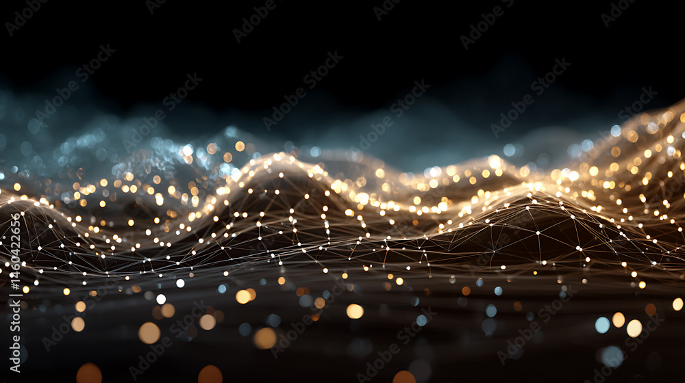 Poster data technology futuristic illustration, wave of bright particles, technological 3d landscape, big d