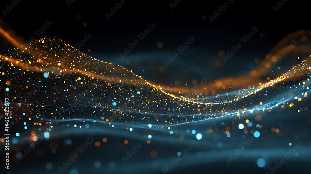 Aufkleber data technology futuristic illustration, wave of bright particles, technological 3d landscape, big d