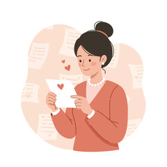 Woman reading love letter with heart symbols in warm pastel colors romantic illustration 