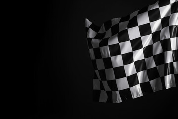 One racing checkered flag on black background, space for text