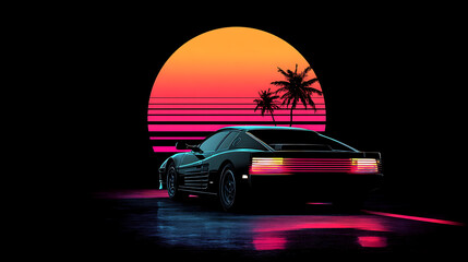 Synthwave 80s retro design with sports car driving into sunset
