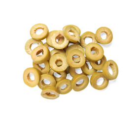 Marinated green olive rings isolated on white, top view