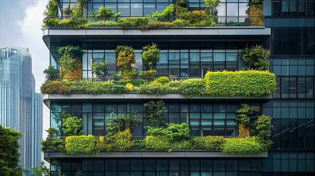 Urban corporate building with a sleek glass facade, integrated with greenery to minimize heat and CO2, blending modern design with eco-friendliness. 